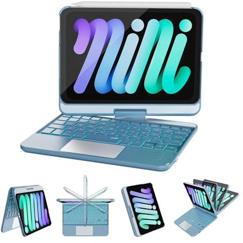 RAYMCRAFT for iPad mini 7 (A17 Pro) & Mini 6 Keyboard Case, 360° Rotatable | 7 Color Backlit, Multi-Touch Trackpad, Wireless Keyboard for iPad mini 7th/6th Generation 8.3-inch, Light Blue