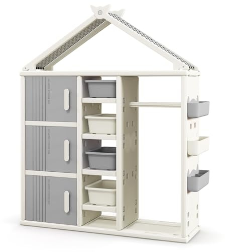 DREAMADE Kinder Kleiderschrank, Kleiderständer in Hausform, Kindergarderobe mit Stange, 4 offenen Regalen, 4 Würfeln, 3 Fächern mit Türen & 3 seitlichen Körben, modulares Organisationssystem (Grau)