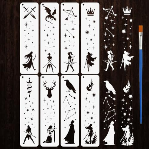 FINGERINSPIRE 8 Stil Königin Krieger Muster Schablonen Mit Pinsel 31x8cm Schwert Bogen Pfeil Rabe Flamme Malschablonen Haustier Fantasy Motive Vorlage Zum Malen Auf Holz Boden Fliesen Wand Stoff