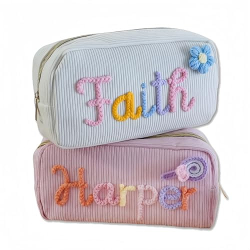 MEIEG Personalisierte Kosmetiktasche Mit Namensstickerei, Reise-Kosmetik-Organizer, Süße Aufbewahrungstasche Aus Cord, Geburtstagsgeschenk Für Beste Freundin