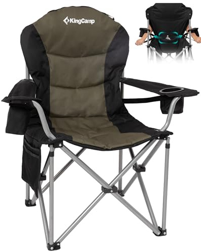 KingCamp Campingstuhl Faltbar Ergonomisch Gepolstert XXL bis 250kg Grün | Klappstuhl mit Verstellbarer Lendenwirbelstütze, Kühltasche für Camping, Garten, Angeln & Festival