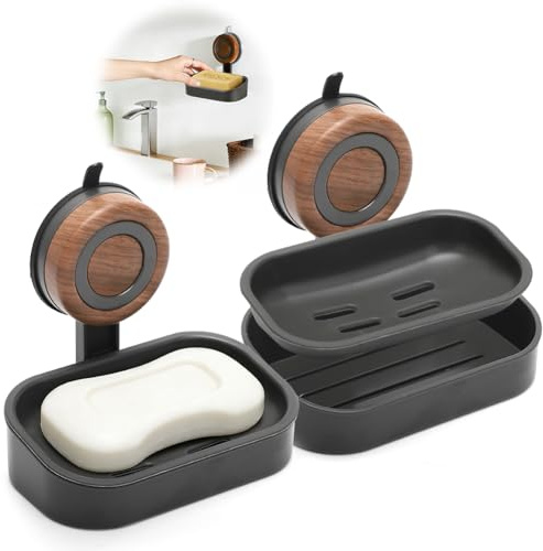 Porte-Savon Ventouse Extra Fort 5kg - Lot de 2 Supports Auto-Drainants sans Perçage pour Douche, Salle de Bain, Cuisine - Noir | Fini Le Savon Détrempé