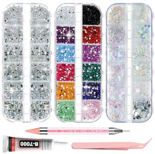 4200pcs Nail Rhinestones, 6 Sizes Silver AB Nail Gems, 6 Colors Mixed Rhinestones, 6 Styles of Sequins, Including 15ml B-7000 Glue, Pick-Up Tweezers & Dotting Pen