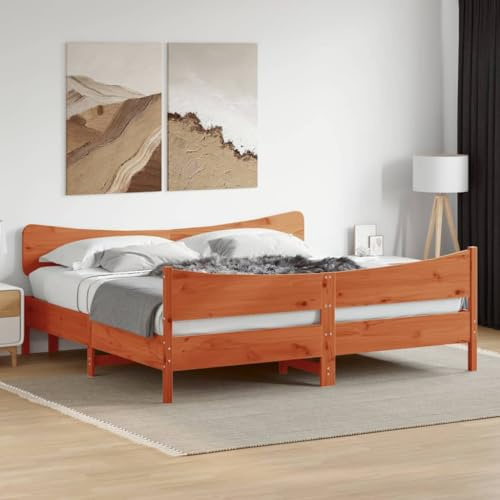 Yunovire Massivholzbett 200x200 Kiefernholz, Wachsbraun, ohne Matratze, Stabiler Bettrahmen für Schlafzimmer, modernes Design, langlebige Konstruktion