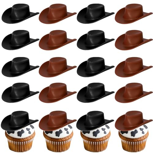 20 Stück Kunststoff Mini Cowboy Hut Tortendeko Western Cowgirl Hut Puppe Hüte Kuchen Deko Cowboy Puppenhaus Cupcake Toppers für Junge Mädchen Geburtstag Party Kuchen Dekoration Schwarz Braun