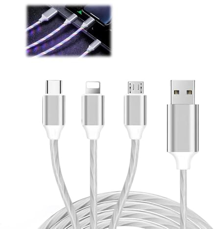 Light Up Charging Cable Led 3 in 1, Multi USB Charger Cord, PVC Flowing LED Fast In-vehicle Charging Cable with Type C Micro USB and Light Ports for iPhone, Android Switch iPad (Colorful, 1 PC)