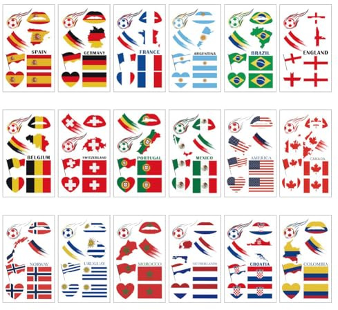 Boerni 18 Sheets World Country Flag Temporary Tattoos for Soccer Team World Cup,Mixed Styles World Flag Fake Tattoos Stickers Country Flags Face Tattoos Waterproof for Men Women