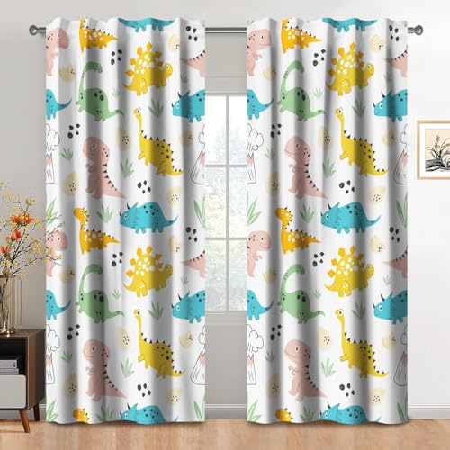 Kzzfqxb 132x214cm Niedliche Kinder Vorhänge 2 Paneele, Farbenfrohe Dinosaurier Stegosaurus Tyrannosaurus Rex Lichtfilterung Vorhang, Cartoon-Dekoration für Wohnzimmer Jungen Baby Schlafzimmer