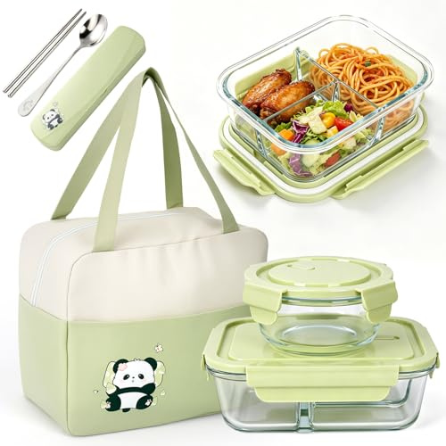 RAIN QUEEN Glass Lunch Box, Includes Soup Bowl, Storage Bag，Cutlery(Green) | Compartmentalized Lunch Box,For School, Work, Picnics，Glass Food Storage Container, Suitable for Heating and Refrigeration
