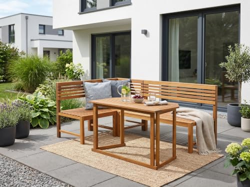 Balkontisch-Set mit Eckbank – Akazienholz ca. 150 x 100 x 90 cm | 4-teiliges Balkonmöbel-Set, Akazienholz geölt, Klappbarer Tisch, Für Balkon Terrasse & Garten