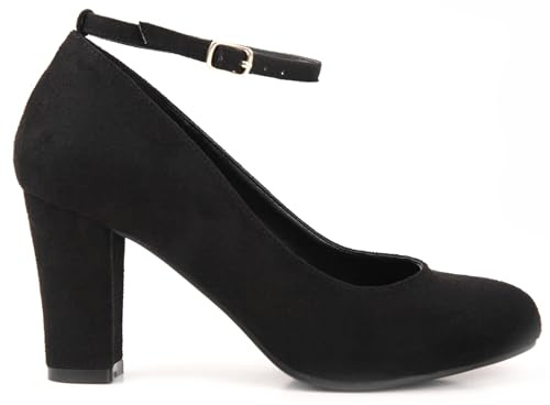 Womens Ladies Block Heel Ankle Strap Work Court Evening Dress Girls Shoes Pumps UK Size 3-8 (6 UK, Black Faux Suede)