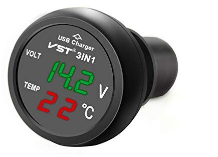 Hoembpn 3 in 1 Caricatore USB per auto, Auto Moto Indicatore di tensione voltmetro con display digitale a LED impermeabile/Caricabatterie/Termometro 12V-24V