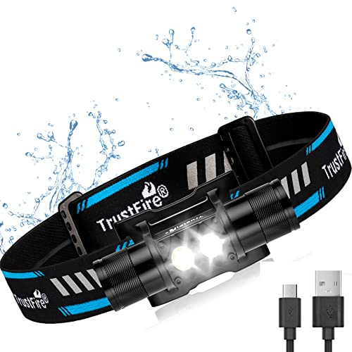 Linterna Frontal LED, TrustFire H5R Linterna Cabeza USB Recargable, Súper Brillante Linterna Frontal IP68 Impermeable para Pesca, Camping, Lectura, Senderismo, Ciclismo