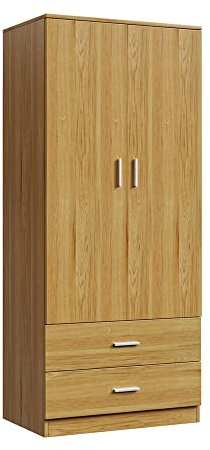 2 Door Combination Wardrobe Tall Big Wooden Wardrobe With 2 Big Drawers Bedroom Storage Units With Hanging Bar Clothes (Oak)