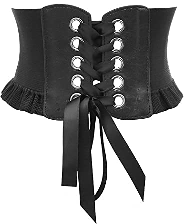 Aabellay Damen Schnürkorsett Elastisches Breites Band Leder Taille Gürtel Bandage Elastizität Gurt Kostüm Kleid Taillengürtel Gebundener Waspie Gürtel Hüftgurt – Schwarz YS001