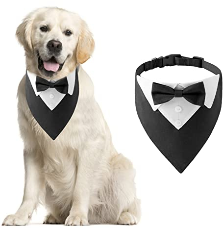 HACRAHO Formales Hunde-Smoking-Bandana, 1 STÜCK Hund Tuxedo Baumwolle Bandana Hundehalsband Mit Fliege Und Krawatte Für Große Und Übergroße Hunde, L