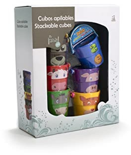 Tachan - Juego De 6 Cubos con Asa para Apilar, Juego De Baño, Cubos para Transportar Y Jugar con Agua Y con Arena, con Colores, Animales Y Numeros para Interactuar (768T00496)