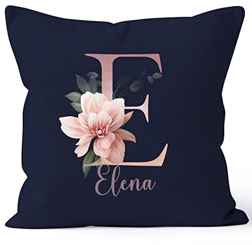 SpecialMe®Kissen-Bezug Name Initiale Blumen Eukalyptus Floral Monogramm personalisierte Geschenke Navy 40cm x 40cm