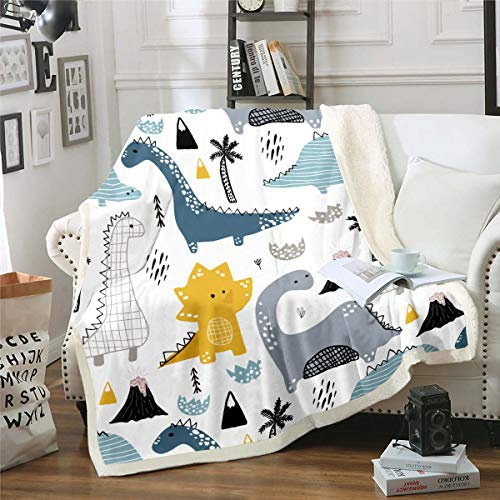 Kinder Dinosaurier Decke süßes Cartoon Dinosaurier Tier Überwurfdecke für Jungen Mädchen schöne Tierwelt Schlafzimmer Dekor Decke geometrisches Streifengitter Bedruckt weiche Plüschdecke, 150 x 200