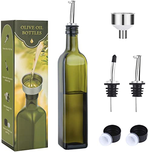 AOZITA Botella dispensadora de aceite de oliva de vidrio de 17 onzas, 500 ml, vinagre con vertedores y embudo, jarra de aceite de oliva para cocina, color verde