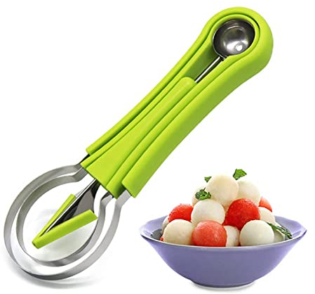 Melonen-Baller-Set,Multifunktion Obst Werkzeug Küchenhelfer Set 4 in 1 Melon Ball Fruit Scoop Cutter Set, Fruchtschnitzmesser,Schnitzmesser für DIY-Obstsalate (green)