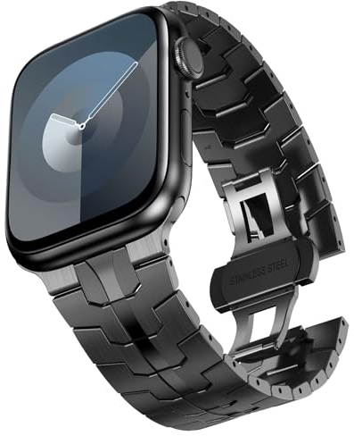 KADES Edelstahl Armband für Apple Watch, Herren Metall Glieder Ersatzarmband, Ultra 49mm, Series 10 46mm, 9/8/7 45mm, SE/6/5/4 44mm, 3/2/1 42mm, Schwarz