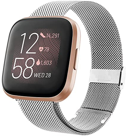 Metall Armband Kompatibel mit Fitbit Versa/Fitbit Versa 2 Band für Damen Herren, Magnetisches Edelstahl Mesh Loop Armbänder Ersatzarmbänder Fitbit Versa 2 / Versa/Versa Lite SE (S, Silber)