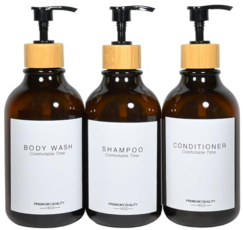 Shampoo and Conditioner Bottles, Apothecary Dispenser Bamboo Pump, Refillable Shampoo Bottles for Shampoo Lotion Oil Shower Soap Hand Soap and Dish Soap, Plastic Amber Set (Amber)
