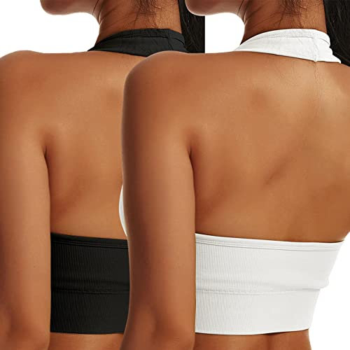 Vertvie Neckholder Sport BH Rückenfrei Fitness Bustier Damen Gepolstert Push Up BH Ohne Bügel Sport Top Yoga Bra Mittlerer Halt Workout(2pc: Schwarz + Weiß,S)