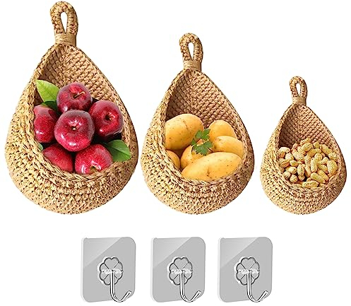 Mafagwre 3 Stück Obstkorb Hängend Korb Geflochten,obstkorb Wand Hängekorb Mit Haken,Handgewebt Küche Aufbewahrung Wandkorb Obstkörbe,Gemüse Aufbewahrung Organisation,Fruit Basket(S+M+L)