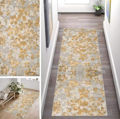 ZUZEKU Läufer Flur Küche Waschbar rutschfest 50X140cm Modern Blattmuster Gold und Grau Vintage Lang Küchenteppich Flurteppich Teppich Fur Korridor Wohnzimmer Schlafzimmer Meterware Anpassbar