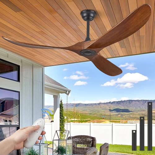 Hoiyen 52 Ceiling Fans Without Lights, 52 Inch Outdoor Ceiling Fans no Light, 3 Blade Solid Wood Ceiling Fans with Remote Control for Patios Living Room Bedroom Porch