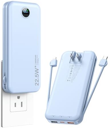 citicr Portable Charger Built-in Cables and AC Wall Plug, USB C 12000mAh Slim Power Bank Fast Charging Battery Pack Lightweight Power Bank Travel Essentials Compatible with Smart Phones, Tablets(Blue)