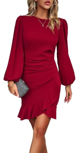 Arevill Damen Arbeit Business Kleid Langarm Rüschen Puffärmel Partykleider Bodycon Knielang Abendkleider Bleistiftkleid