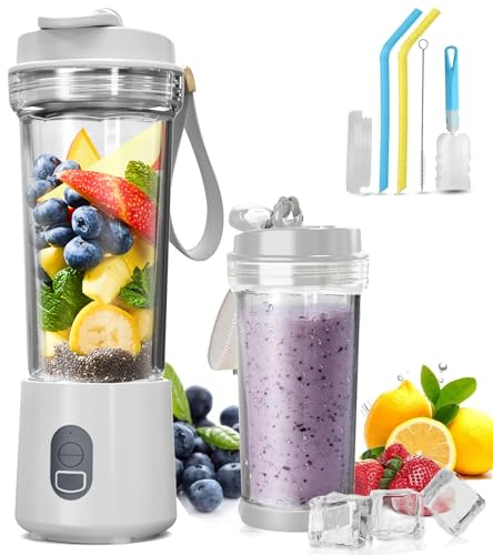 FUOBECIE Personal Blender Portable Blender for Smoothies 17 oz, Mini Blender Cup for Kitchen Office Gym Protein Shake Blender USB Travel Blender, Power 180W 2 Extended Blades 2 Silicone Straws (White)