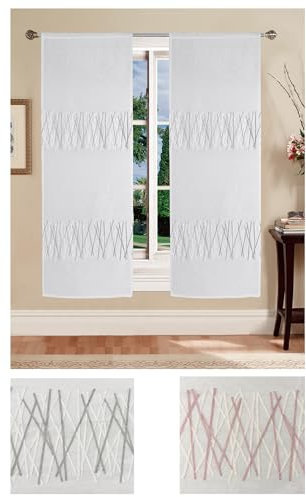 Home Tresor - Coppia Tende a Vetro | Tendine per Finestra, Portafinestra, Soggiorno, Cucina, Cameretta | Mod. Tessa Semitrasparente Base Bianca Fantasia Geometrica (60x150 cm, Grigio)