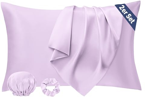 Seiwohl Satin Kissenbezug 40 x 80 2er Set, Weich wie Seidenkissenbezug Silk Pillowcase, Vegane Seide Kopfkissenbezug Kissenhülle Haarschutz für die Nacht mit Haargummi und Haarhaube, Lavendel