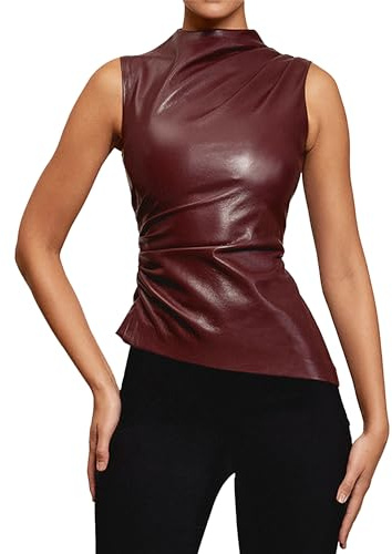 BAIMORE Dam Street Solid Mock Neck Ärmlös PU-läder Plisserad Slim Fit Tank Top