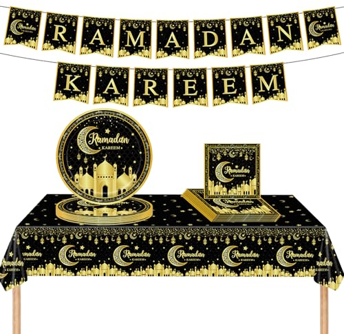 Service de table du Ramadan Kareem - 52 pièces - Décorations pour la maison - Motif lune et étoile - Noir et doré - Avec nappe, assiettes en papier, serviettes et 1 bannière Ramadan Kareem pour