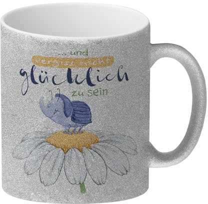 Käfer Glitzer-Kaffeebecher mit Spruch und vergiss nicht glücklich zu sein Fröhlicher Cartoon-Style Naturmotiv Ideal für Geburtstag Motivation