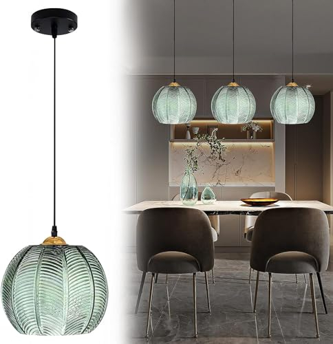 Pendelleuchte Glas 3 Flammig,Glas Pendelleuchte Grün,Hängelampe Glas,Verstellbare Hängeleuchte Esstisch Küche, Esszimmer, Wohnzimmer, Bauernhaus (1LIGHT)
