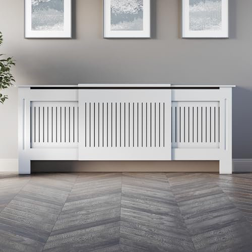 Radiant Living Vertical Slats Radiator Cover Traditional White Painted MDF Living Room Cabinet for Radiators, Adjustable