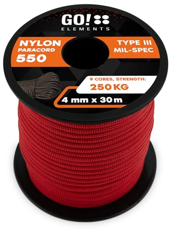 GO!elements 30m Paracord Seil aus reißfester Nylonschnur - 4mm Paracord 550 Typ III Schnur - geeignet als Allzweckseil & Reepschnur - Max. 250kg, Farbe: Rot