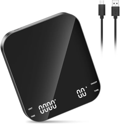 Brifit Kaffeewaage mit Timer, Espresso Waage 3kg/0.1g, Hochpräzise Feinwaage, Waage Küchenwaage USB, Kaffee Waage mit LED-Anzeige, Tara Funktion, Touch-button., Auto Aus, Gehärtete Glasoberfläche