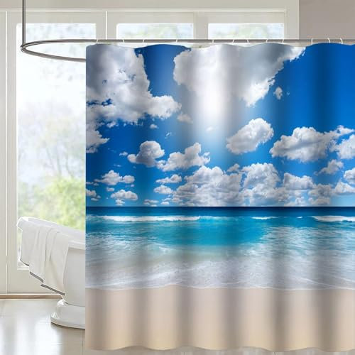 FAIRYGATE Duschvorhang Strand Duschborhang Shower Curtains Duschvorhang 180 x 180 cm Anti Schimmel Duschvorhänge Umweltfreundlich Badvorhänge Waschbar Wasserdicht mit 12 Duschvorhang Ringe B8807