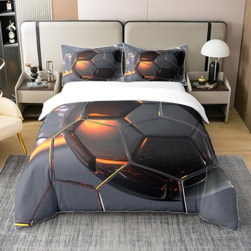Loussiesd Kinder Bettwäsche Set Fußball Drucken Bettbezug Set Schwarz Grau Bettwäsche Set 135x200cm 100% Baumwolle 100% Baumwolle Bettwäsche für Jungen Teenager Fußball Sport Thema mit 1 Kissenbezug