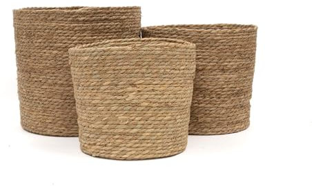 Seegras Aufbewahrungskorb Set, 3 Stück, handgewebt, mit Griff, groß mittel klein, ineinander stapelbar, Wohndeko für Wäsche, Spielzeug, Picknick, Pflanztöpfe