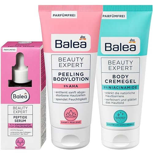 Balea 3er-Set Beauty Expert Hautpflege: SERUM PEPTIDE wirkt glättend (30 ml) + PEELING BODYLOTION 5% AHA sanft peelend (200 ml) + BODY CREMEGEL 5% Niacinamide für feineres Hautbild (200 ml), 430 ml