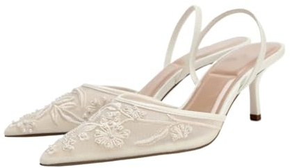 Damen-Sandalen aus Netzstoff, Blumenstickerei, Slingback-Absatz, mit Perlen, Nieten, spitzer Zehenbereich, rückenfrei, Slipper, Kätzchen-Absatz, Pumps, Hochzeit, Party, Schuhe, Weiss/opulenter Garten