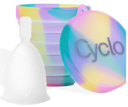 CYCLO | Confezione di coppe mestruali taglia 1 + bicchiere sterilizzatore - Sterilizzatore pieghevole e leggero adatto al microonde - Coppa con capacità fino a 12 ore di utilizzo senza svuotamento